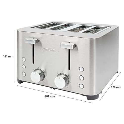 Foto von ProfiCook® Toaster | 4 Scheiben-Toaster | Edelstahlgehäuse | 1500 Watt | Wide Slot | Brötchenaufsatz (abnehmbar) | 7 einstellbare Bräunungsstufen | Krümelschublade | Kabelaufwicklung | PC-TA 1252
