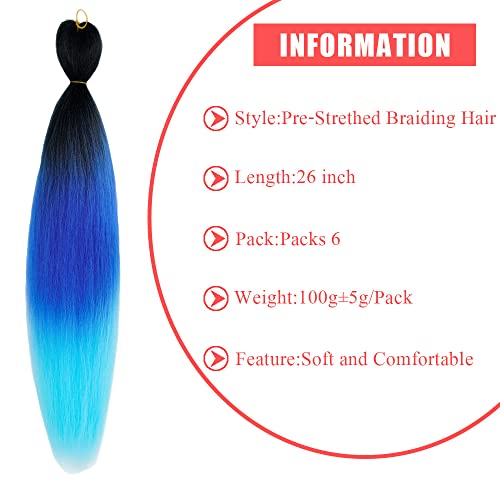Pre Stretched Braiding Hair Extensions 26 Inch 6 Pcs Phoenixfly Omber Braiding Hair Professional Crochet Braiding Hair For Box Braids Senegal Twist Hair Extensions(Black/Blue) #TOP2