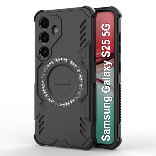 Image of amazon basics Back Case Cover for Samsung Galaxy S25 5G | Magnetic Case with Built-in Metal Ring | Supports Mag-Safe Charger, Wallet & Car Mount | Shockproof Hybrid PC + TPU | Black