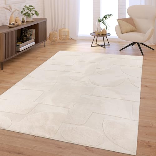 TT Home Alfombra Habitación Salon Pelo Largo Estilo Nordico Abstract Monocromo Lavable, Color:BeigeCrema, Tamaño:160x220 cm