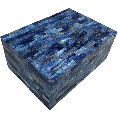 Collectiblesbuy Handmade Rectangle Box Organizer Blue Colored Storage Box Decorative Bone Inlay Keepsake Storage Jewelry Box Home Decor Living Room Stylish Chest Trunk #TOP4