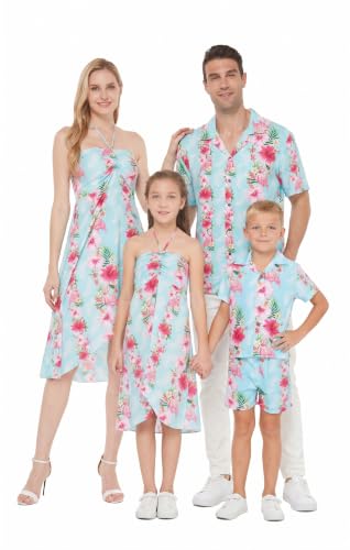 Image of Hawaii Hangover Family Matching Clothes, Pink Hibiscus Vine Turquoise | Family matching Hawaiian outfits, Pink Hibiscus Vine Turquoise, lightweight rayon, machine washable, tropical floral print