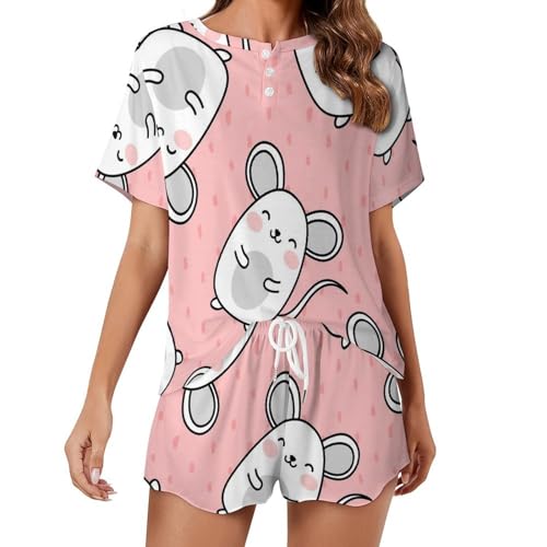 Pyjama court pour femme anti chaleur motif souris pour nuits fraîches