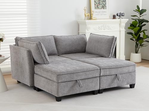 Image of ORRD Sleeper Modular Sectional Sofa Set, Convertible Couch Bed with Storage, 4 Seater and 2 Armrestes Sofa Modular for Living Room, Office (Grey)