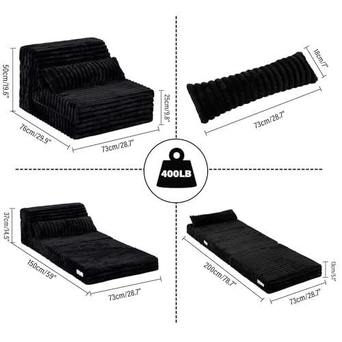 Image of Tiita Folding Sofa Bed Convertible Sleeper Chair Mattress with Pillow & Side Pocket, Thick Corduroy Floor Mattress Couch Bed, Single Size, Black