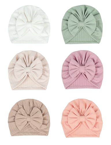 Image of ZURLEFY 6 PCS Stretchy Baby Turban Hats, Baby Hat with Bows for Girls, Baby Boys Caps, Toddler, Newborn, Infant Hat Unisex