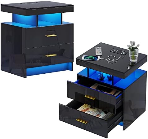 WOOVIVS LED Nightstand Set of 2 with Wireless Charging Station & USB Charging Ports, 3-Color LED Light with Adjustable Brightness & Sensor, High Gloss Bedside Tables for Bedroom Furniture (Black)