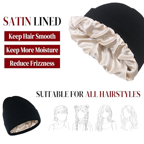 Image of PFFY Winter Beanies Hats Satin Lined Beanie Skull Cap for Women Silk Lining Soft Slouchy Warm Cuffed Hat