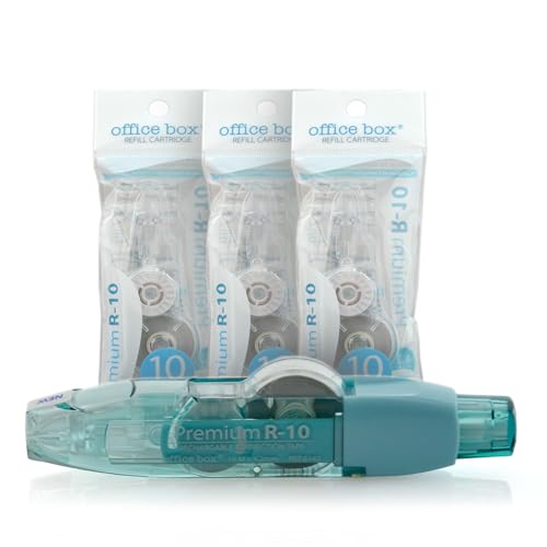 office box Corrector en Cinta Premium R10 Recargable – 10 m x 4,2 mm – Retráctil, Escritura Inmediata, Invisible en Fotocopias – Value Pack 1 Corrector + 3 Recambios = 40 m de cinta. (Pack 3 + Azul)