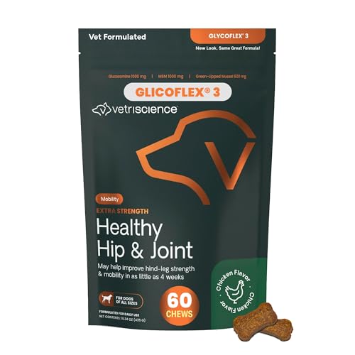 VetriScience GlycoFlex 3, Extra Strength Healthy Hip & Joint Chews, Glucosamine, Green-Lipped Mussel, Joint Support Supplement for Dogs, Promote Mobility & Soothe Joint Discomfort, Chicken, 60 Count