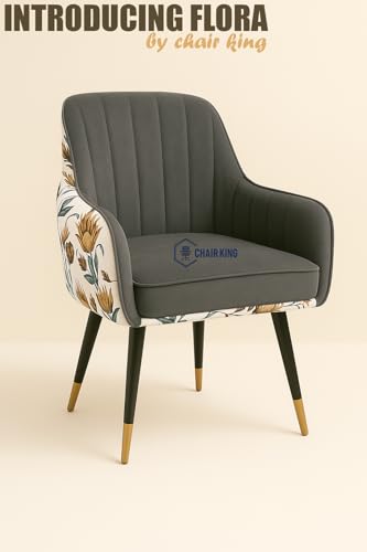 Image of Designer Accent Chair with Floral Printed Back & Footstool | Velvet Lounge Chair for Living Room, Makeup Vanity & Bedroom (Dark Grey Floral)