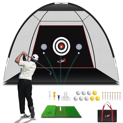 Golf Practice Net with Tri-Turf Mat - All in 1 Home Golf Hitting Aid Nets for Backyard Driving Chipping Swing Training (10x7FT, Tent Style)