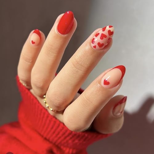 24 Pcs Valentine's Press on Nails Short Almond Set, Red French Ti...