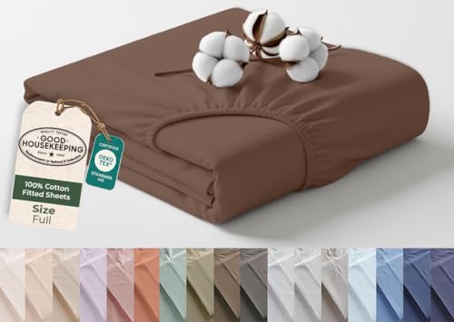 Image of Royale Linens 100% Organic Cotton Full Fitted Sheet Only - Percale Weave - Super Soft Deep Pocket Bottom Sheets - Chocolate Elastic Sheet - Full Size Fitted Sheets Only - (54 inchx75 inch+15 inch, Chocolate)