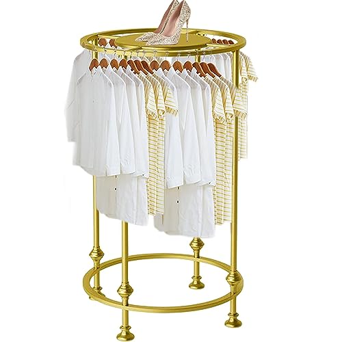 Freestanding Round Garment Display Retail Rack, Floor-Standing Double Space Multi-Purpose Metal Shelf for Clothes Storage, Commercial Clothing Organizer in Retail Boutiques and Bedroom