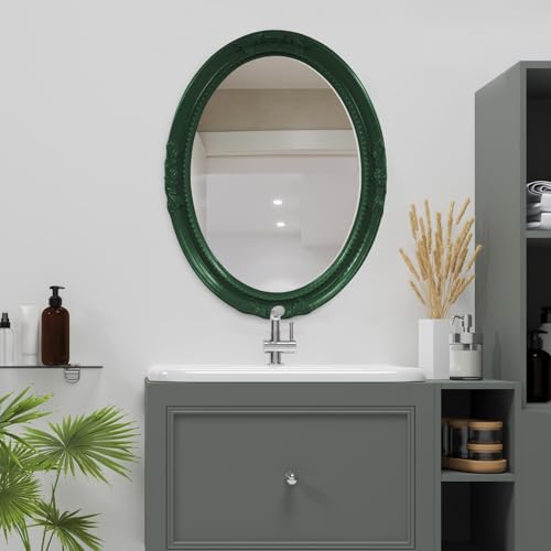 Image of Howard Elliott Collection Queen Ann Oval Glossy Hunter Green Wall Mirror, Oval Bevelled Hanging Wood Framed Vanity Mirrors for Home Decor, Living Room, Bathroom, Bedroom, or Hallway, 25 x 33 Inch
