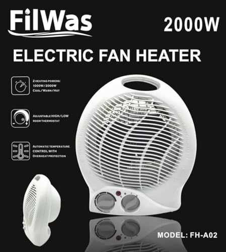 FilWAS Heizlüfter Schnellheizer 2 Stufen / 1000W / 2000W Heizung Thermostat Ventilatorfunktion