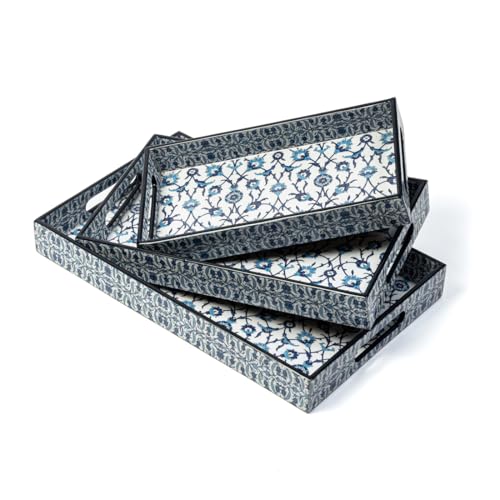 Image of DULI Set of 3 Wooden Serving Trays Premium MDF with Lacquered Water-Resistant Enamel Floral Print Decorative Multipurpose Trays for Kitchen, Dining & Gifting (16x10x2,14x8x2, 12x6x2 Inches)