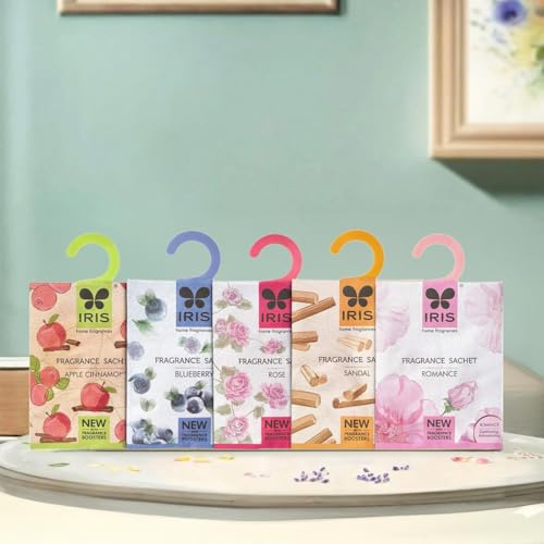 IRIS Home Fragrance Sachets Pack of 5-10g Each - Apple Cinnamon, Romance, Sandal, Blueberry and Lavender - Airfreshner for Your Wardrobe| Drawer|Kitchen|Travel Bags |Cars.