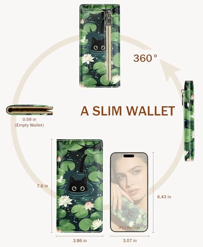Image of Immaturus Black Cat Leaf Womens Wallet, Slim Thin RFID Blocking Credit Card Wallets, Long Bifold PU Leather Card Holder Organizer, Cute Cash Clutch Billfold with Zipper Coin Pocket Ladies Girls