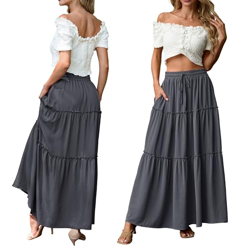 Image of Lepunuo Womens Casual Boho High Waisted Flowy Maxi Skirts Tiered Floral Long Skirts with Pockets for Summer Beach Vacation