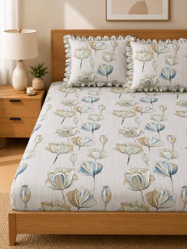 Image of 380 TC Premium Glace Cotton Elastic Fitted Bedsheet King Size with 2 Pillow Covers King Size | Double Bed with All Around Elastic (White Floral Print, Fitted - Double72x72)