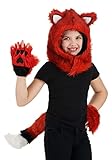 3 Piece Fox Costume Kit for Kids - Includes Furry Fox Ears Hood, Detachable Tail & Fingerless Paws Gloves