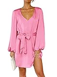PRETTYGARDEN Women's Spring Long Puff Sleeve Satin Dress V Neck Cocktail Party Belted Short Formal Dresses (Pink,Medium)