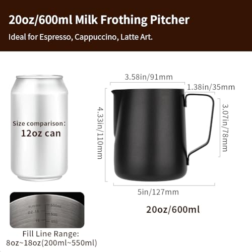 Image of watchget Stainless Steel Milk Frothing Pitcher 20oz /600ml | Espresso Steaming Pitcher for Cappuccino, Latte Art, Coffee Machine Accessories Milk Jug Coffee Frother Cup, Black