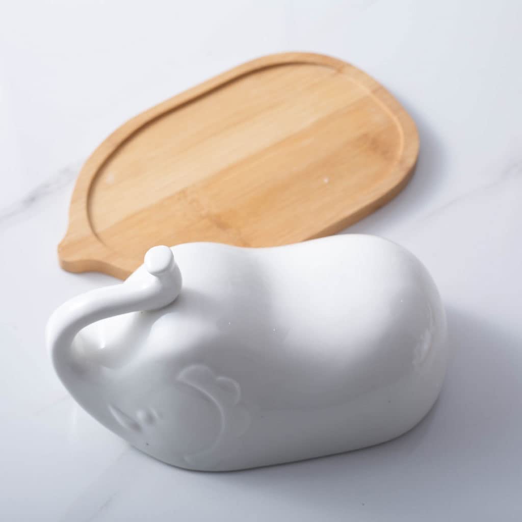 Beurrier avec couvercle - Beurrier créatif en céramique avec couvercle - Petit plateau en céramique - En forme d'éléphant - Beurrier blanc pur