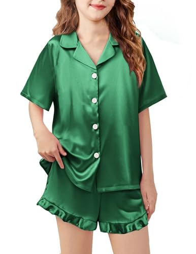 Image of Arshiner Girls Pajamas Silk Satin Pajama Set Button Pjs Ruffle Sleepwear | 2 Piece Nightwear, Silky Soft Lounge for Little & Big Kids, Ideal for Sleeping and Sleepover Party