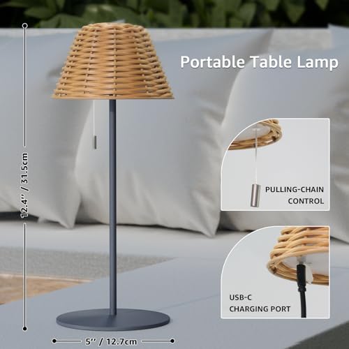 NiceBuy Rattan Table Lamp, Dimmable USB Rechargeable Cordless, IP44 Waterproof Portable Rattan Lamp, Stepless Dimming Desk Lamp with Pull Chain for Outdoor Patio Living Room Bedroom - Thumbnail 7