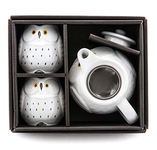 Happy Sales Hsts-Owlwht, Japanese Style Ceramic Tea Pot With Strainer And 2 Cups Tea Set, White Owl #TOP2