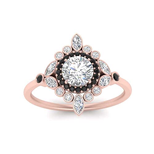 Image of 55Carat Choose Your Gemstone Round Halo Floral Engagement Ring Rose Gold Plated Round Shape Vintage Engagement Rings Everyday Jewelry Wedding Jewelry Handmade Gifts for Wife US Size 4 to 12