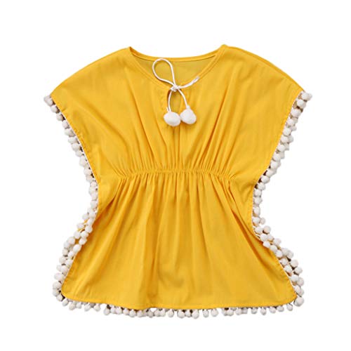 Baby Girls Sundress,Fineser Toddler Kids Baby Girls pom pom Beachwear Swimsuit Cover Up Beach Dress Skirt Smock (Yellow, 1-2 Years(90))