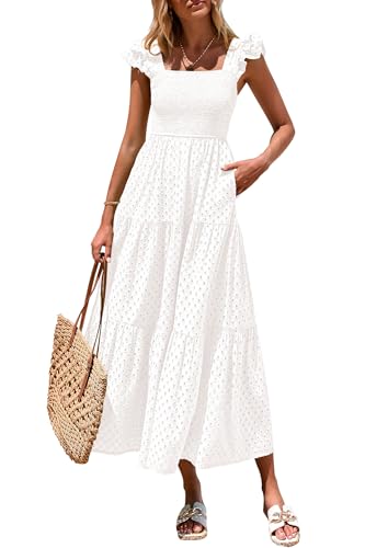 PRETTYGARDEN Womens Summer Square Neck Maxi Dresses Cap Sleeve Eyelet Smocked Tiered A Line Flowy Long Dress with Pockets