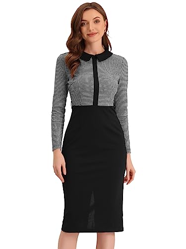 Allegra K Business Dress for Women's Work Elegant Contrast Placket Houndstooth Bodycon Dress with Belt