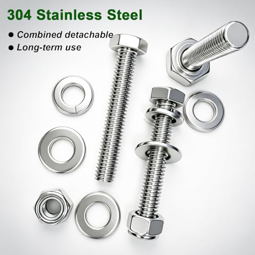 Image of 10 Sets 5 /16-18x2 inch Stainless Steel Hex Head Screws Bolts, Nuts, Flat & Lock Washers,18-8(304) Full Thread