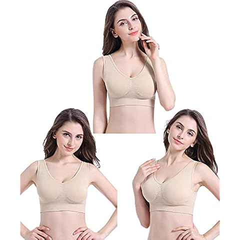 PRETTYWELL Sleep Bra for Women, Seamless Wireless Stretchy Sports Bra, Pack of 3 or 1, with Removable Pads, 3 Pack Nude XL Cover