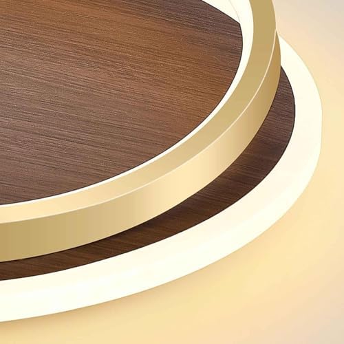 ミッドセンチュリーモダンシーリングライト器具 - ファームハウスLEDセミフラッシュマウント、3色調光、木目とゴールドリングアンティ