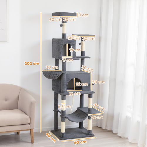 PawHut Árbol Rascador para Gatos, Árbol para Gatos 202 cm, Torre Escalador con Plataformas, 2 Hamacas, 2 Cuevas, 6 Postes de Sisal, 3 Bolas y Cuerda para Jugar, Gris Oscuro - imagen 7