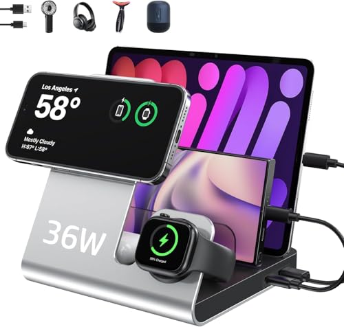 WHJ 5 in 1 Wireless Charging Station for Apple Devices - Mag-Safe Wireless Charger Stand Magnetic 18W Fast Charger for iPhone 17 Air/16/15/14/13/12 Pro Max Apple Watch 1-10/Ultra & AirPods(Silver)