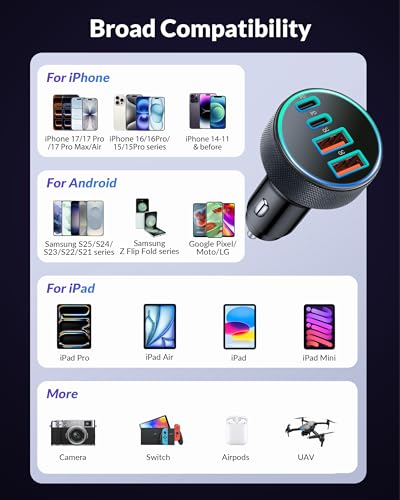 Car Charger USB C, 4-Port 90W Super Fast Charging Car Phone Charger Accessories Dual USB-C & USB-A Cargador Carro Cigarette Lighter Adapter for iPhone 17 16 15 14 13 12, iPad, Galaxy, Tablet, Android - Image 6