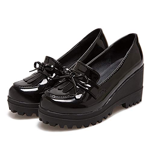 MIOKE Women's Platform Wedge Tassel Oxford Shoes Slip On Comfort Chunky High Heel Fringed Pump Dress Shoes2