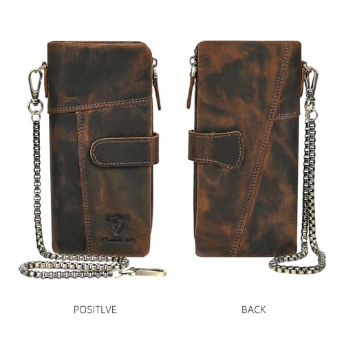 Image of Genuine Crazy Horse Leather Travel Gift Coin Pocket Card Case Long Organizer Chain Rfid Wallet Purse With Snap For Men Male 1803 1815 (1803B-Brown)