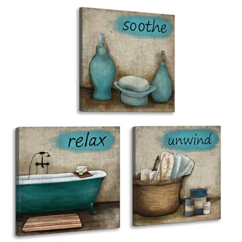 iHAPPYWALL 3 Pieces Bathroom Canvas Wall Art Teal Style Bathtub Bath Set Towel Relax Soothe Unwind Bathroom Still Life Picture Poster Print Stretched and Framed Ready To Hang
