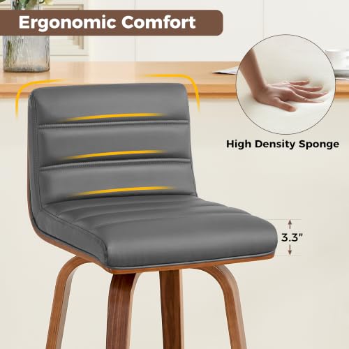 Image of Swivel Bar Stools Set of 1,26 inch Faux Leather Counter Height Barstools with Back,Mid Century Modern Upholstered Bar Chairs with Bentwood Legs Island Stools for Kitchen Counter Darkgrey