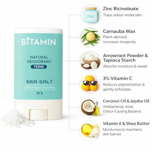 Image of Bitamin Natural Deodorant for Kids & Teens | With added 3% Vitamin C & E | No Aluminium, No Alcohol, No parabens, No Triclosan Unisex Deo (15g, Pack of 3, Cottton Vanilla+Strawberry+Sea Salt)