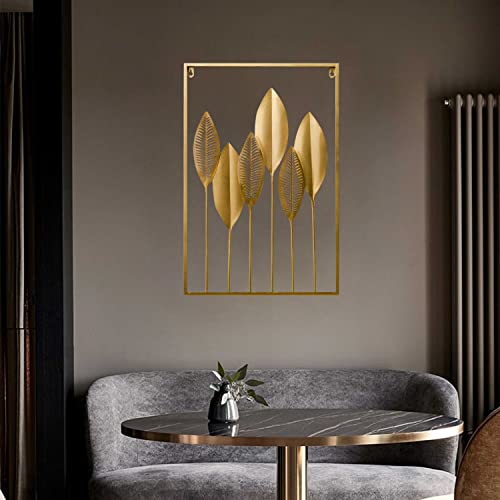 Wishesther Décoration Murale Métal Moderne Tableau Art 3D Grand Sculpture Cadre Fer 60x40cm Dorée Murales Déco Pour Salon Chambre Bureau - Feuille Cover