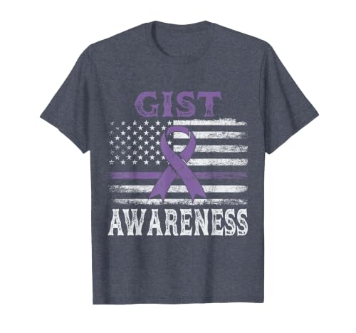GIST Awareness Month Day American Flag Ribbon Purple Vintage T-Shirt, Men, Heather Blue, Large